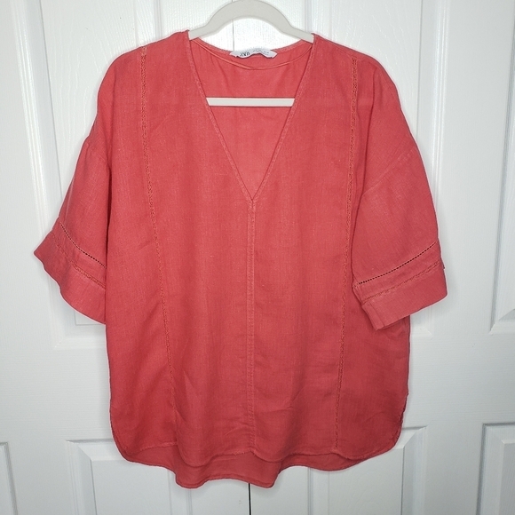 Zara 100% Linen Top V Neck Popover Drop Shoulder Small Poppy Red Hi Low - Picture 2 of 12